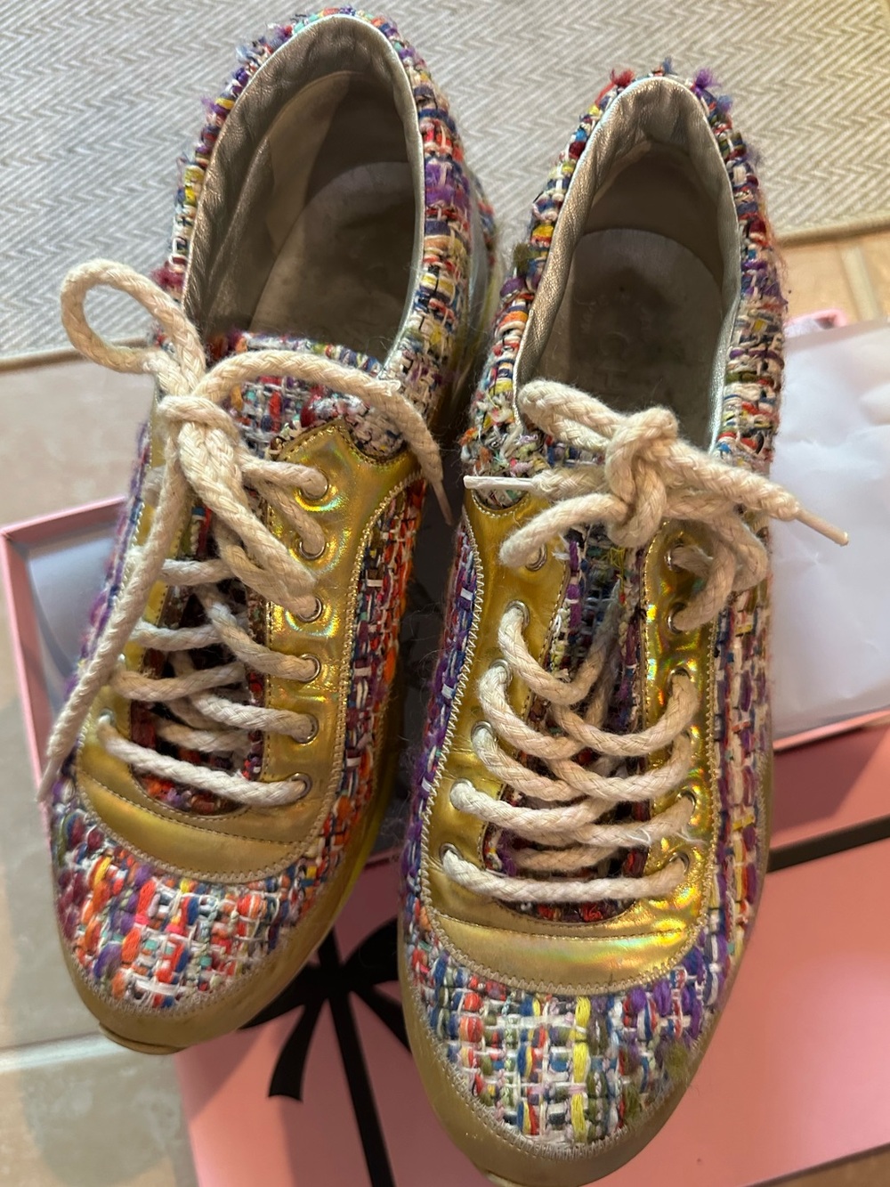 CHANEL Multicolor Tweed and Gold Leather Sneakers - Picture 7 of 7